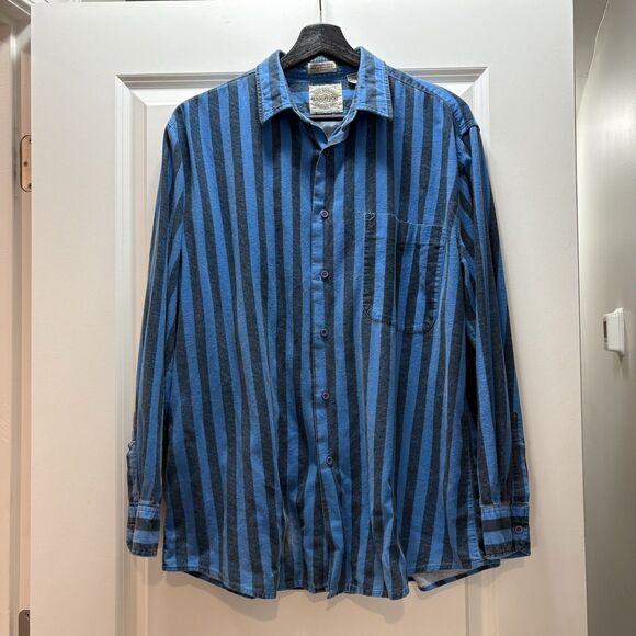 Vintage Saugatuck Dry Goods Button Down Flannel Shirt Striped Blue Distressed - Picture 1 of 7